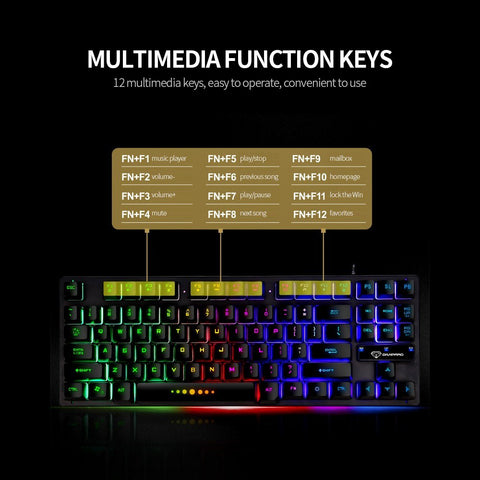 GK-10 USB Wired Keyboard Gaming Keyboard 87 Keys Colorful Backlight Keyboard Ergonomic Gaming Keyboard Black