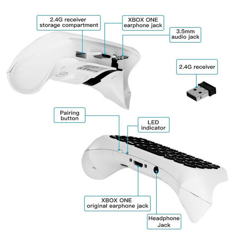 2.4G Wireless Mini Chatpad Keyboard with 3.5mm Audio Jack Chat Message Keypad Replacement for XBox One/Slim/Elit Controller White