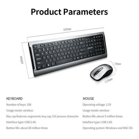 uFound R-756 Mouse and Keyboard Combo 106 keys 2.4G Transmission Keyboard + Wireless Mouse 1200DPI for Business Office Grey