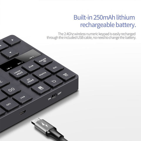 2.4G Wireless Numeric Keyboard Portable 35 Keys Financial Accounting Office Keyboard Built-in Rechargeable Battery Black