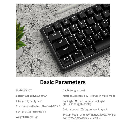 Ajazz K680T Wired&BT Dual-mode Mechanical Keyboard 68 Keys Compact White Backlight Mechanical Keyboard Black with Blue Switches