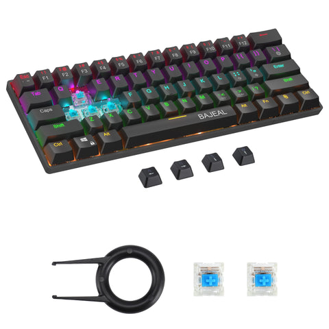 BAJEAL Compact 61-Key BT5.0 Mechanical Keyboard Double Shot Keycaps 26-key Rollover LED Backlit Effects Blue Switches, Black