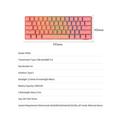 Daidai STK61 BT&Wired Dual-mode Mechanical Keyboard 61 Keys Mixed Light Gaming Office Mechanical Keyboard White (Blue Switches)