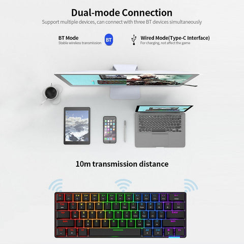 Daidai STK61 BT&Wired Dual-mode Mechanical Keyboard 61 Keys Mixed Light Gaming Office Mechanical Keyboard White (Blue Switches)