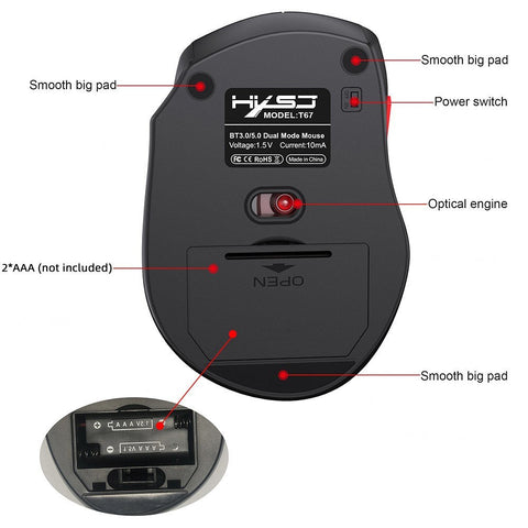 HXSJ T67 BT3.0/BT5.0 Wireless Mouse 6 Keys Mute Office Gaming Mouse Ergonomic Mice with 3-level Adjustable DPI for PC Laptop