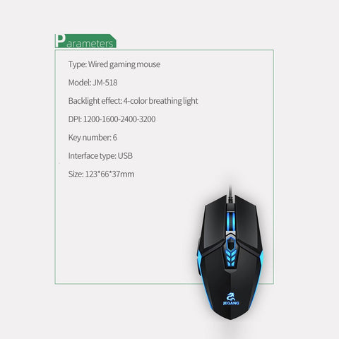 JM-518 6D Wired Gaming Mouse E-sports Gaming Mouse Ergonomic Mice with 4 Adjustable DPI 4-color Breathing Light Plug&Play