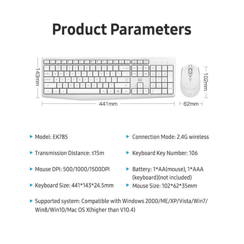 FUDE EK785 2.4G Wireless Keyboard Mouse Combo Portable Keyboard and Mouse Set Plug&Play Wide Compatibility for Office Game