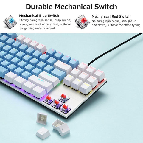 iBlancod K87 87 Keys Wired Mechanical Keyboard Metal Panel Two-color Injection Keycap 20 Light Effects Blue&White(Blue Switches)
