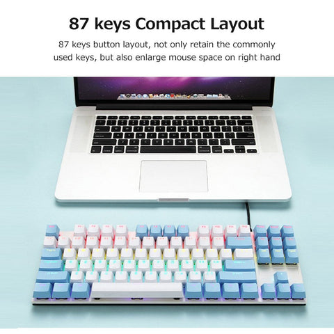 iBlancod K87 87 Keys Wired Mechanical Keyboard Metal Panel Two-color Injection Keycap 20 Light Effects Blue&White(Blue Switches)