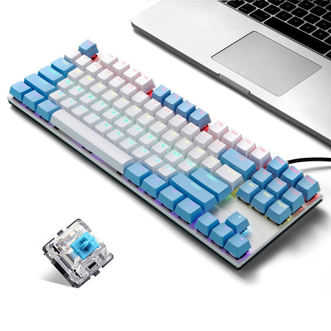 iBlancod K87 87 Keys Wired Mechanical Keyboard Metal Panel Two-color Injection Keycap 20 Light Effects Blue&White(Blue Switches)