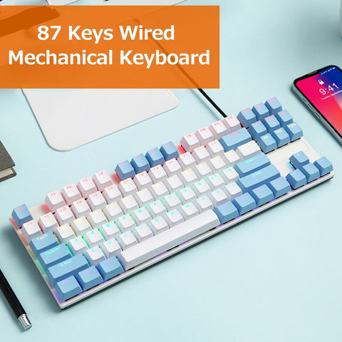 iBlancod K87 87 Keys Wired Mechanical Keyboard Metal Panel Two-color Injection Keycap 20 Light Effects Blue&White(Blue Switches)