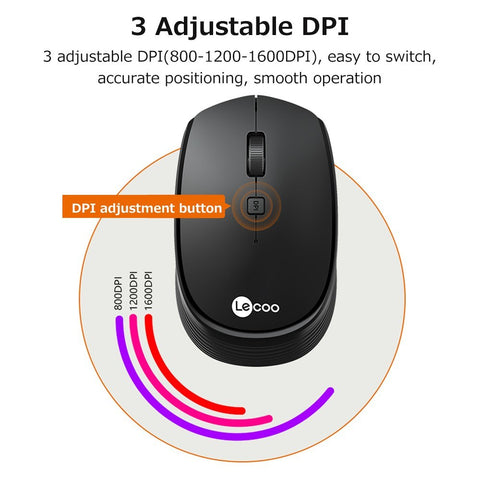 Lenovo Lecoo WS202 2.4GHz Wireless Mouse Ergonomic Lightweight Office Mouse 3 Adjustable DPI Wide Compatibility Black