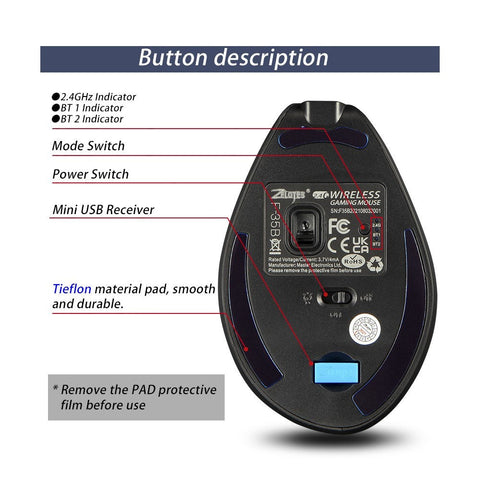 ZELOTES F-35B Wireless Gaming Mouse 2.4G+BT3.0+BT5.0 Three-mode Ergonomic Vertical Mouse 3-gear Adjustable DPI for PC Laptop