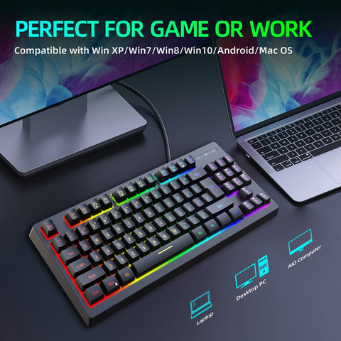 YWYT Y200 USB Wired Gaming Keyboard Membrane Keyboard 87 Keys Layout RGB Light Effect ABS Two-color Injection Molding Keycap