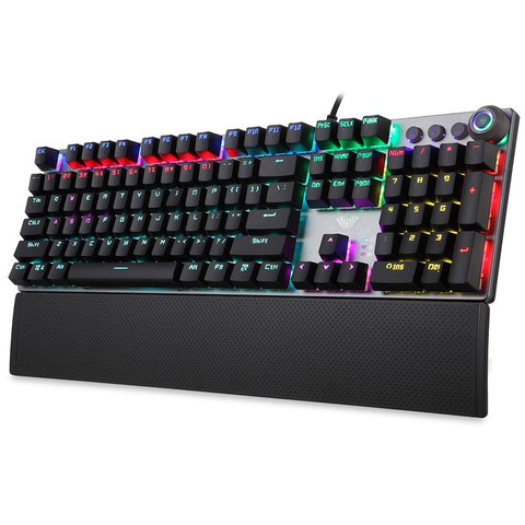 AULA F2088 104 Keys Wired Gaming Mechanical Keyboard Mixed Light Effect Metal Panel Ergonomic Design with Wrist Pad(Blue Switches)