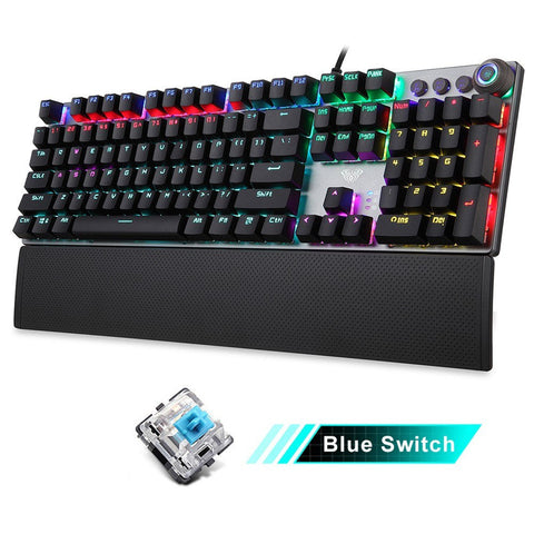 AULA F2088 104 Keys Wired Gaming Mechanical Keyboard Mixed Light Effect Metal Panel Ergonomic Design with Wrist Pad(Blue Switches)