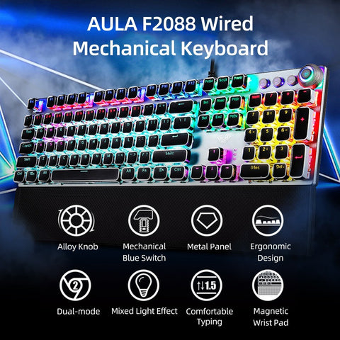 AULA F2088 104 Keys Wired Gaming Mechanical Keyboard Mixed Light Effect Metal Panel Ergonomic Design with Wrist Pad(Blue Switches)