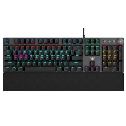 AULA F2088 104 Keys Wired Gaming Mechanical Keyboard Mixed Light Effect Metal Panel Ergonomic Design with Wrist Pad(Blue Switches)