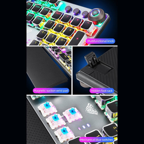 AULA F2088 104 Keys Wired Gaming Mechanical Keyboard Mixed Light Effect Metal Panel Ergonomic Design with Wrist Pad(Blue Switches)