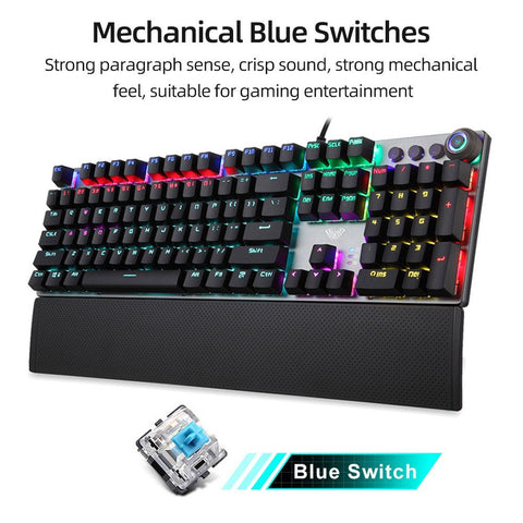 AULA F2088 104 Keys Wired Gaming Mechanical Keyboard Mixed Light Effect Metal Panel Ergonomic Design with Wrist Pad(Blue Switches)
