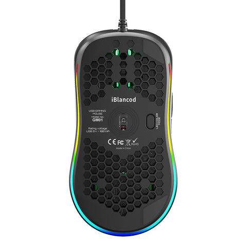 iBlancod GM01 USB Wired Gaming Mouse Ergonomic Lightweight Mouse RGB Backlight Effect 6-gear DPI Hollow-out Design Black
