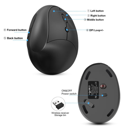 HXSJ X10 2.4G Wireless Vertical Mouse Ergonomic Mice 3-gear Adjustable DPI Built-in 600mAh Rechargeable Lithium Battery Black