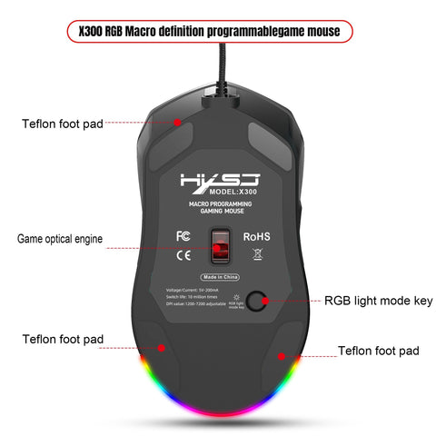 HXSJ X300 RGB Gaming Mouse Backlit Wired Ergonomic 6 Button Programmable Mouse with Macro Recording & wheel speed Set 7200 DPI for Windows PC (Black)