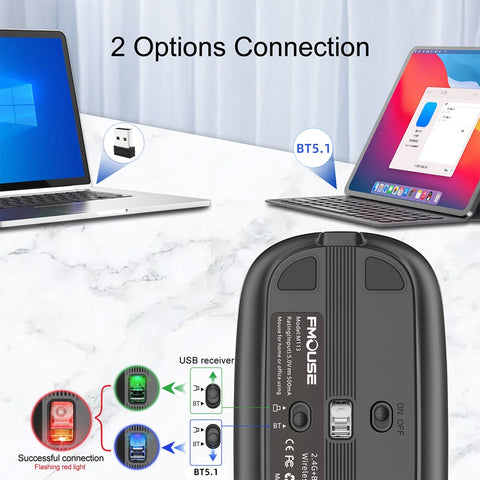 FMOUSE M113 Mouse 2.4G Wireless BT5.1 Slim Rechargeable Slience Mouse for PC Computer Notebook with USB Receiver 2400 DPI Adjustable Level