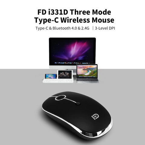 FD i331D 3 Mode 2000DPI Rechargeable Adjustable Mouse Wireless Mice with 2.4G USB Type C Bluetooth 4.0 Black