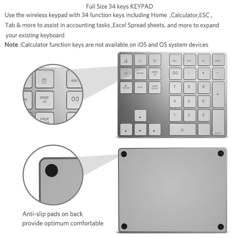 Wireless Numeric Keyboard Aluminium 34 Key BT Keyboard Built-in Rechargeable Battery Keypad for Windows/iOS/Android (Silver)