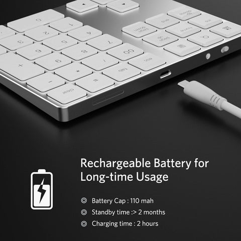 Wireless Numeric Keyboard Aluminium 34 Key BT Keyboard Built-in Rechargeable Battery Keypad for Windows/iOS/Android (Silver)