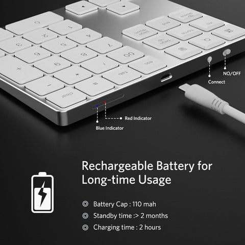 Wireless Numeric Keyboard Aluminium 34 Key BT Keyboard Built-in Rechargeable Battery Keypad for Windows/iOS/Android (Silver)