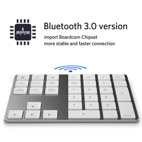 Wireless Numeric Keyboard Aluminium 34 Key BT Keyboard Built-in Rechargeable Battery Keypad for Windows/iOS/Android (Silver)
