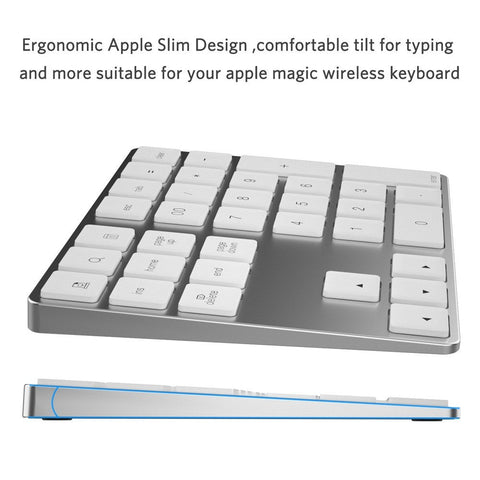 Wireless Numeric Keyboard Aluminium 34 Key BT Keyboard Built-in Rechargeable Battery Keypad for Windows/iOS/Android (Silver)