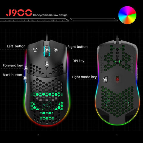 HXSJ J900 USB Wired Gaming Mouse RGB Gaming Mouse with Six Adjustable DPI Ergonomic Design for Desktop Laptop Black