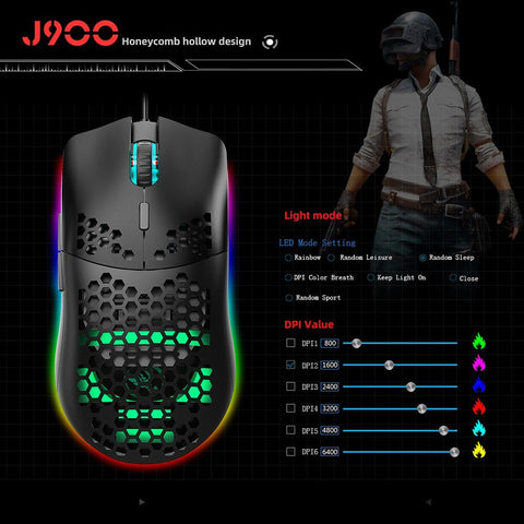 HXSJ J900 USB Wired Gaming Mouse RGB Gaming Mouse with Six Adjustable DPI Ergonomic Design for Desktop Laptop Black