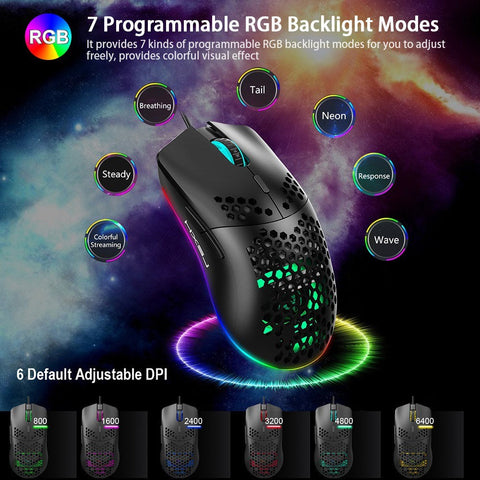 HXSJ J900 USB Wired Gaming Mouse RGB Gaming Mouse with Six Adjustable DPI Ergonomic Design for Desktop Laptop Black