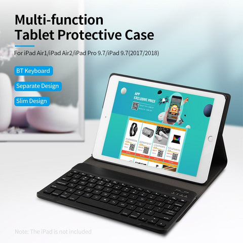 BT3.0 Wireless Keyboard Case Tablet Protective Case for iPad Air1/iPad Air2/iPad Pro 9.7/iPad 9.7(2017/2018) (Black-Black)