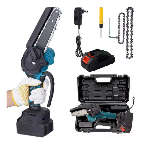 Yisovo Mini Cordless Electric Chainsaw 6'' 2 Chain Blue, 1 Battery, 600w, Automatic Lubrication