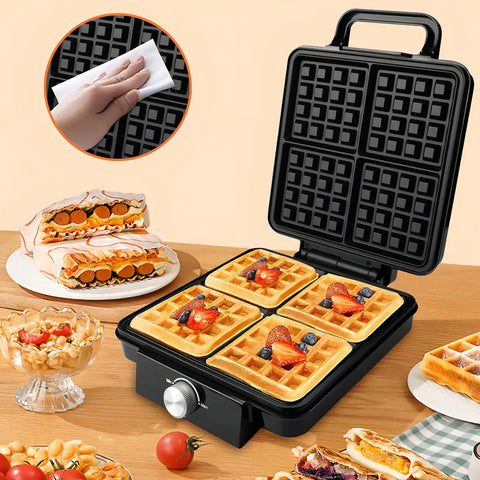 Yisovo JL-Waffle-A Belgian Waffle Maker, 4-Serving, Extra-Large Stainless Steel Kitchen Appliance with Non-Stick Waffle Plates, Makes 4 Fluffy Waffles, Black