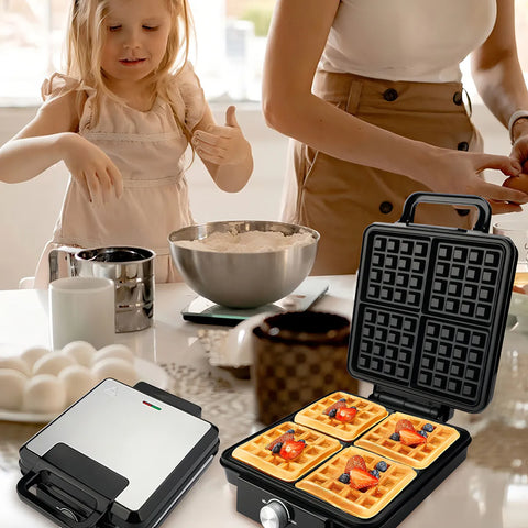 Yisovo JL-Waffle-A Belgian Waffle Maker, 4-Serving, Extra-Large Stainless Steel Kitchen Appliance with Non-Stick Waffle Plates, Makes 4 Fluffy Waffles, Black